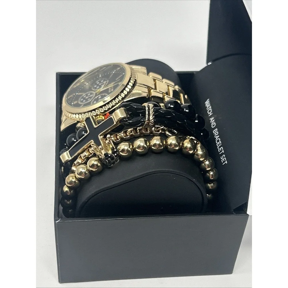 NIB American Exchange Men's Watch & Bracelet Set Gold Tone Black Face